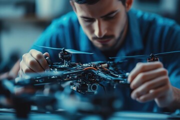A technician meticulously assembles a drone, focusing intently on the intricate details of its components.