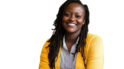 Smiling Woman in Yellow Cardigan Transparent Background Confident Portrait