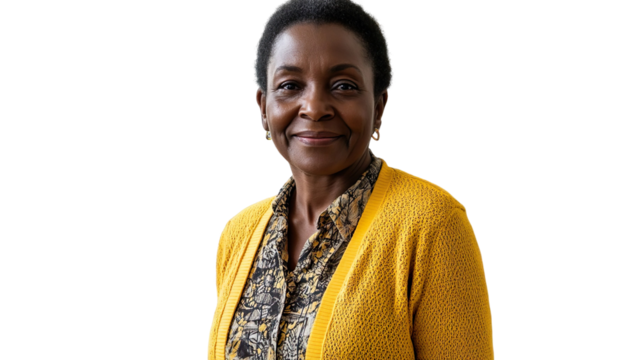 Mature Woman in Yellow Cardigan Confident Leadership and Professionalism