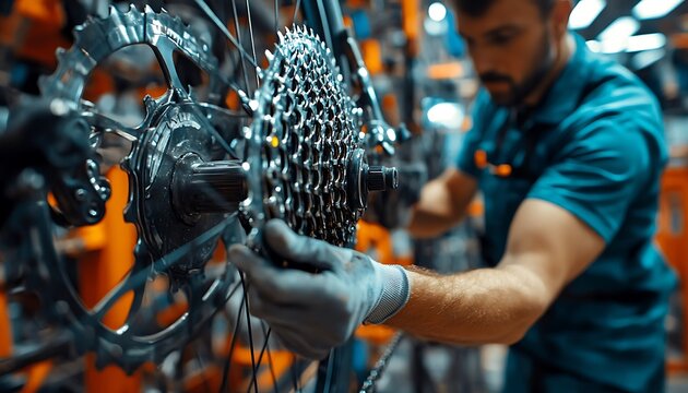 Mechanic repairing bicycle rear wheel