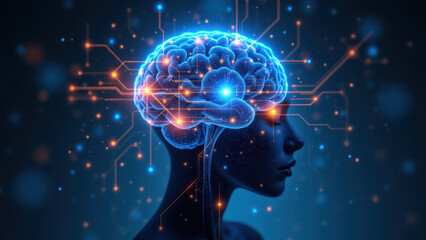 Fototapeta premium Illustration of human brain with integrated artificial intelligence technology, symbolizing advanced cognition or cybernetic enhancement.