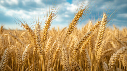Fototapeta premium Golden ears of ripe wheat under a vibrant blue sky with wispy clouds in a serene rural landscape