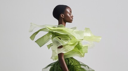 Fashion model wearing innovative dress made of green leaves