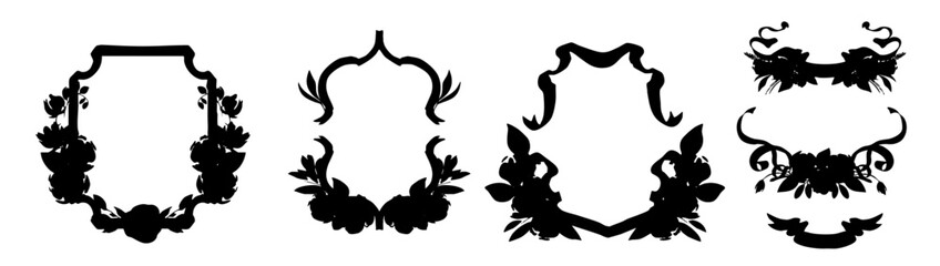 Decorative ornamental frame silhouettes, decorative frames of ribbons and flowers, floral silhouette,  borders and monogram frames, for greetings, invitations, 