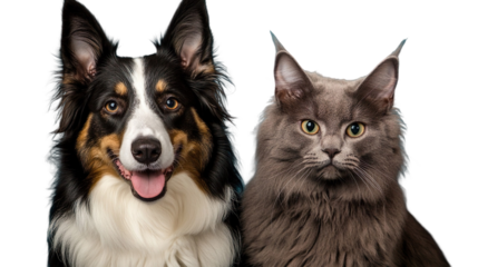 Smiling Border Collie and Cute Gray Cat on Transparent Background