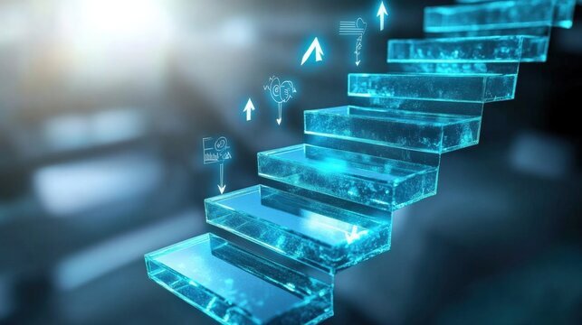 Digital transformation journey ascending steps of innovation in a modern workplace futuristic environment inspirational perspective
