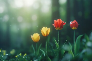 Naklejka premium yellow and red tulips in a garden