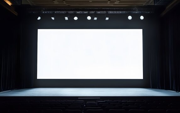  Large white display screen positioned on stage, intended for business presentation exhibits 