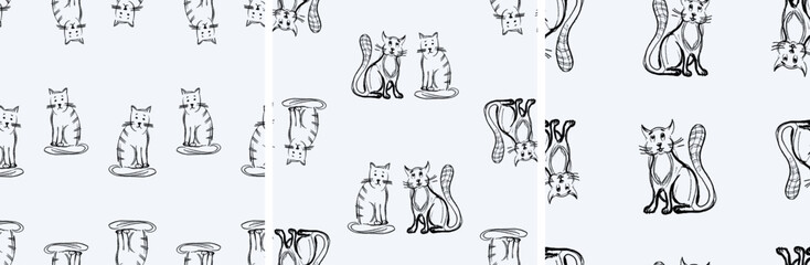 Seamless patterns of outlines funny cartoon domestic cats, vector background, hand drawn illustration, paper, fabric, textile