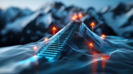 Ascending towards innovation futuristic stairs on a mountain peak digital art high-tech landscape aerial perspective conceptual visual