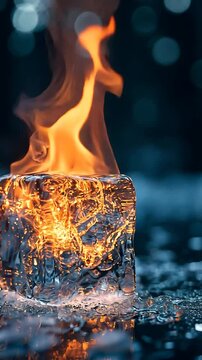 Burning Ice Cube Outdoors Night