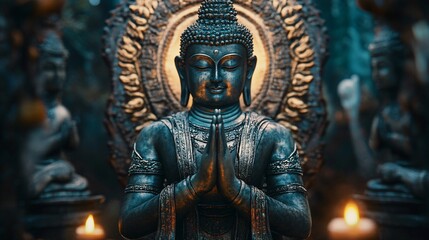 Buddha statue praying with hands together in meditation