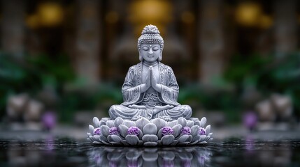 Serene Buddha statue meditating, lotus base, garden background, spiritual peace