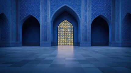 Interior of a Blue building with arches and a geometric pattern