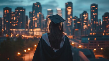 Celebrating graduation as a new chapter begins with a city skyline in the background