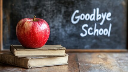 Reliving school memories with an apple and a farewell message on the chalkboard