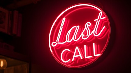 stock photo Vibrant complementary colors and strong hard light. Illuminated neon sign Last Call glows in warm pink and orange