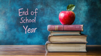 Apple on books representing the end of school year for students and educators