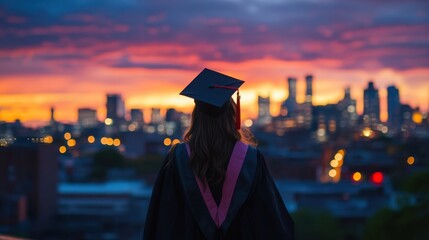 Celebrating graduation against a stunning sunset skyline in an urban setting