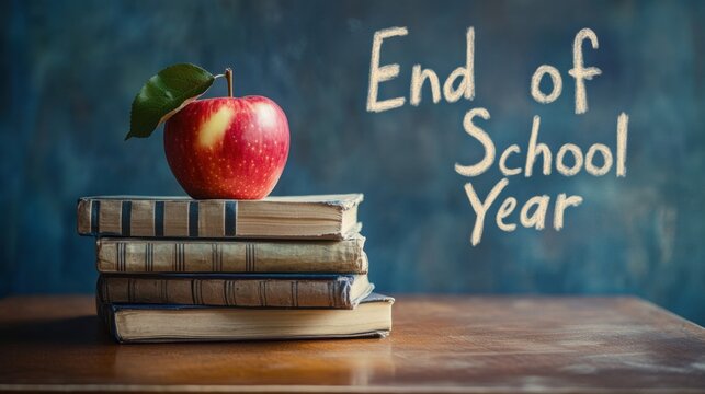 Celebrating the completion of the school year with an apple on stacked books