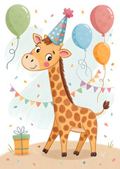 Naklejka premium happy cartoon giraffe in the party hat birthday greeting card with balloons 