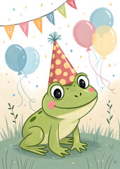 Fototapeta premium happy cartoon frog in the party hat birthday greeting card with balloons 