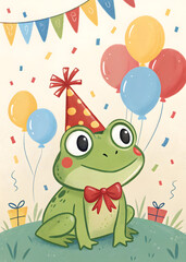 happy cartoon frog in the party hat birthday greeting card with balloons 