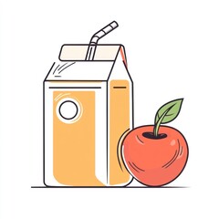 Apple juice box, straw, fruit, white background, healthy drink, kids