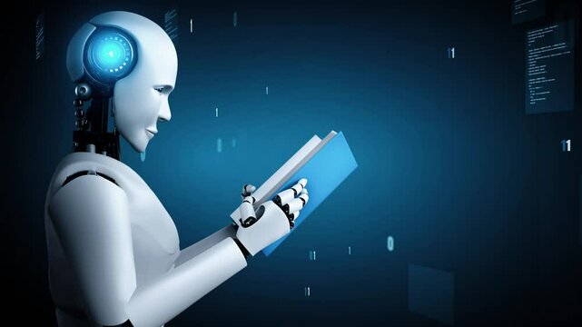 Futuristic robot artificial intelligence huminoid AI programming coding technology development and machine learning concept. Robotic bionic science research for future of human life. 3D rendering.