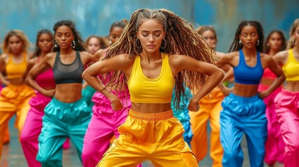 Colorful group of dancers performing a synchronized routine in front of an urban mural. Generative AI