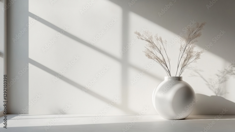 Poster white vase with dried flowers on a sunny windowsill creating soft shadows in a minimalist interior s
