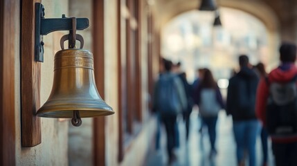 School bell ringing marks the end of another educational day in a bustling hallway