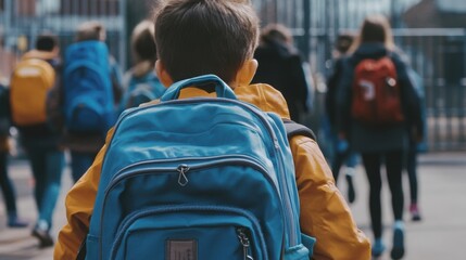 Students walking out of school with colorful backpacks on a bright day