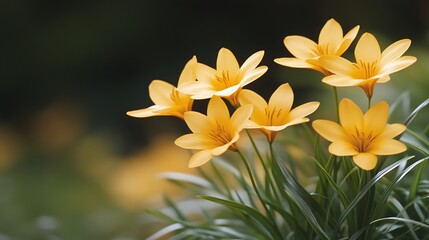 Fototapeta premium Yellow flowers blooming in garden with blurred green foliage, ideal for nature themes