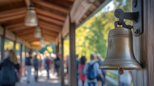 Bell ringing marks the end of the school day as students exit the building on a bright afternoon