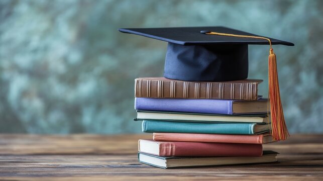 Graduation cap rests atop colorful stacked books symbolizing the end of school education