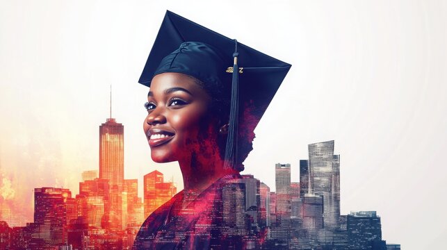 Celebrating graduation in a vibrant cityscape with a confident young woman