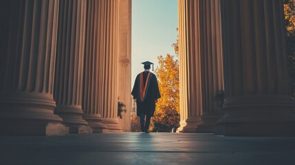 Graduation day at an ancient school with pillars and autumn leaves in the background