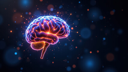 A glowing 3D model of a human brain set against a starry digital background, representing artificial general intelligence (AGI) and futuristic technology.