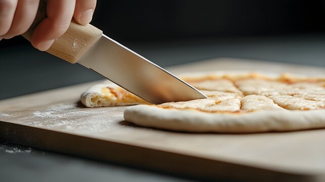 Sliced cheese pizza with knife on wooden cutting board against gray background. Food serving, minimal style. Italian cuisine concept. Restaurant menus, food delivery services. Horizontal banner