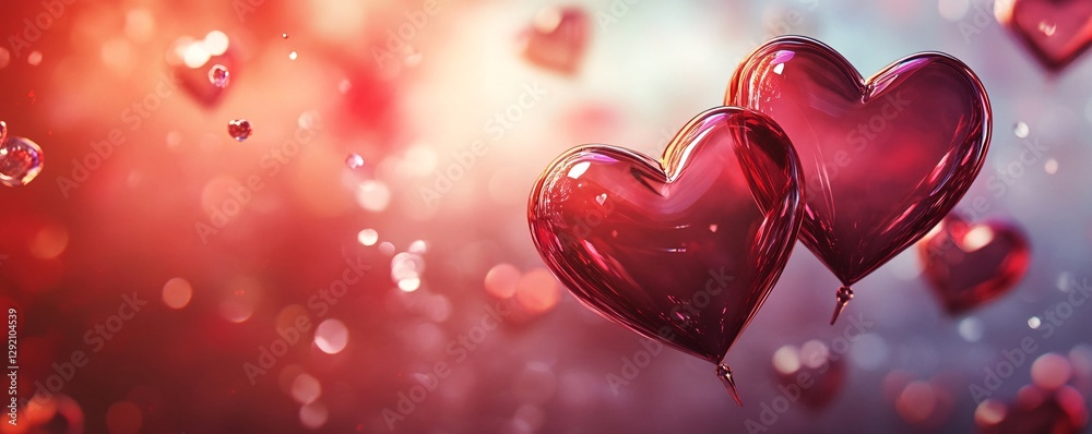 Poster two red heart shape balloons floating on romantic red background
