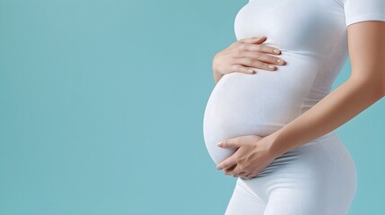 Pregnant woman in white form-fitting dress gently holding her belly against blue background. Clean maternity portrait. Motherhood, expectancy. Pregnancy clinics, prenatal services. Horizontal banner