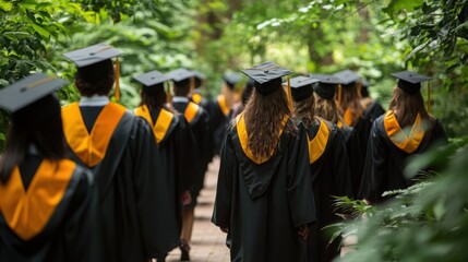 Graduating students walking through a lush forest pathway towards their future in education