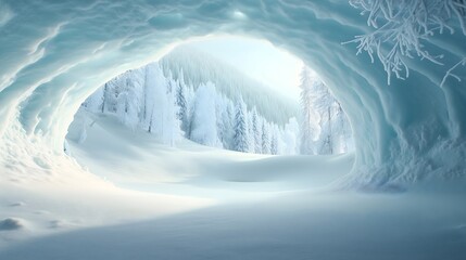Obraz premium Snowy path through a winter forest leads to an ice cave tunnel with blue ice walls. magical winter wonderland. Travel agencies, winter resorts, adventure tours, Christmas, New Year. Horizontal banner.