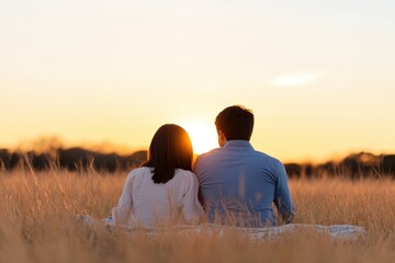 Couple Watching the Sunset in a Field