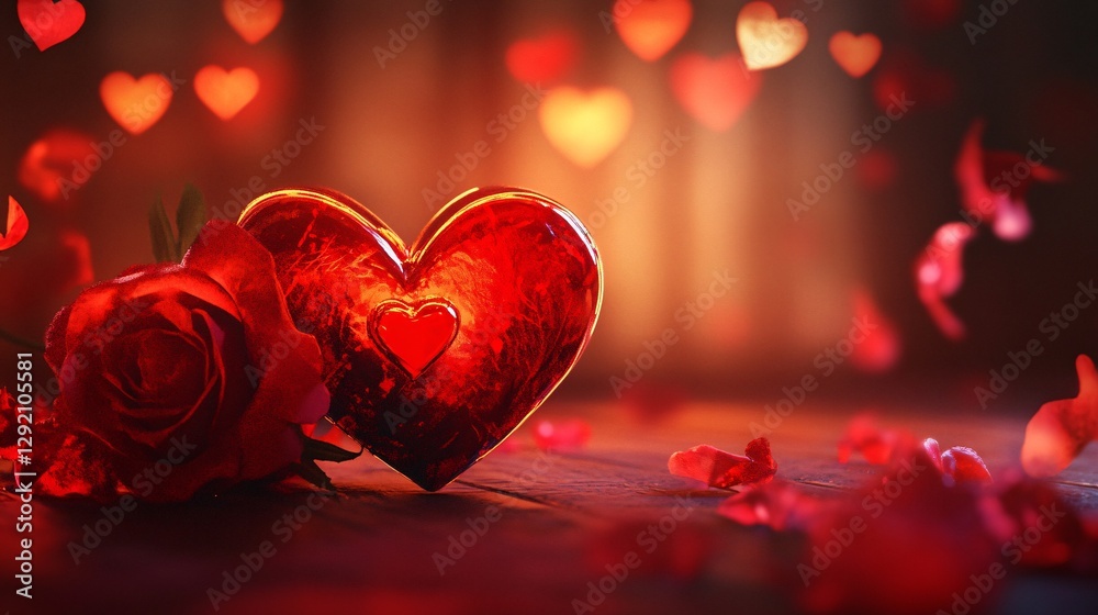 Poster romantic red rose and heart on table with falling petals and bokeh lights background for valentine's