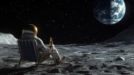 Back view of lunar astronaut opens a beer bottle while resting in a beach chair on Moon surface, enjoying view of Earth