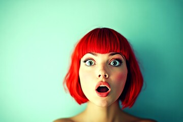 Fototapeta premium Commercial advertising pattern art. Lovely very amazed mixed-race girl - for ads, marketing material ad and social networks use. Short trim - red hair. Glam look. Advertising hair trends.