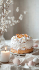 Easter cake with white cream and dried orange slices on a minimalist table setting modern yeast-free paska with raisins ukrainian, traditional easter cake. easter basket. сучасна бездрожьова паска 