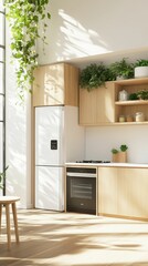 Fototapeta premium Light kitchen, wood cabinets, plants, appliances.